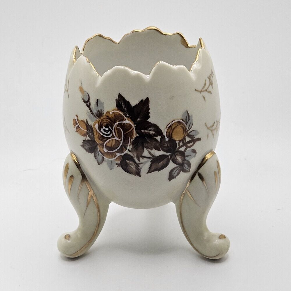 Vintage Porcelain Egg Vase Planter 3 Footed Gold Trim Brown Rose